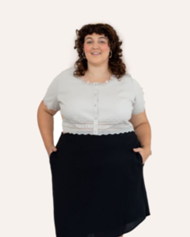 Front of a model wearing a size L Rhea Crop Top in Grey by Lovefool. | dia_product_style_image_id:249789